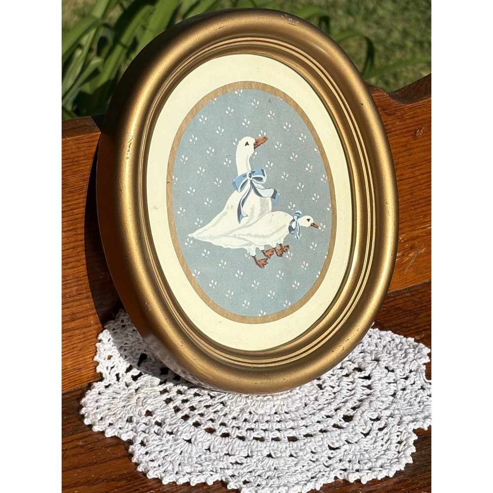 Vintage Homco Country Duck Wall Art Set 2 Gold Oval Frames Cottagecore Goose